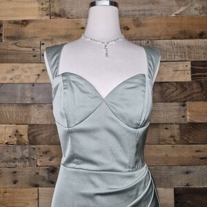 Azazie Maxi Dress Gorgeous Satin Sage Green w/ Slit Womens Size 8 Party Wedding